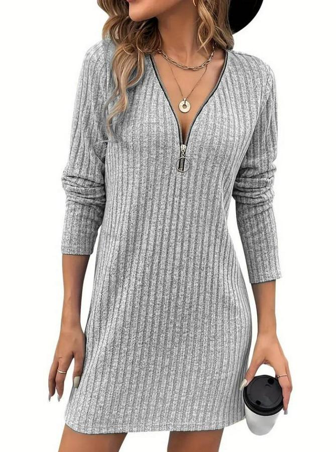 Uzun Kollu Yakadan Fermuarlı Kısa Şardonlu Kaşkorse Elbise