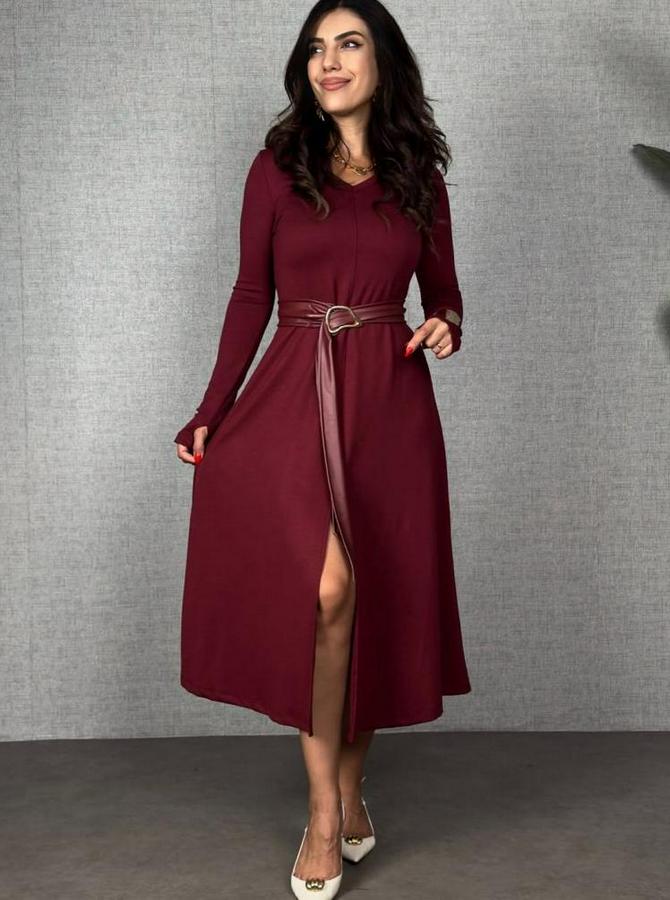 Uzun Kollu Yakalı Belden Deri Detaylı Kuşaklı Yırtmaçlı Midi Viskon Iki Iplik Elbise