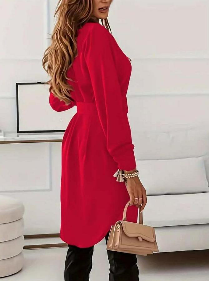 Uzun Kollu Yakalı Belden Kemerli Kıs Ithal Krep Elbise