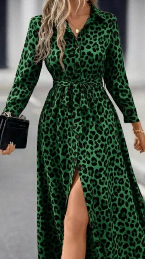 Uzun Kollu Yakalı Belden Kuşaklı Leopar Desenli Modal Uzun Elbise