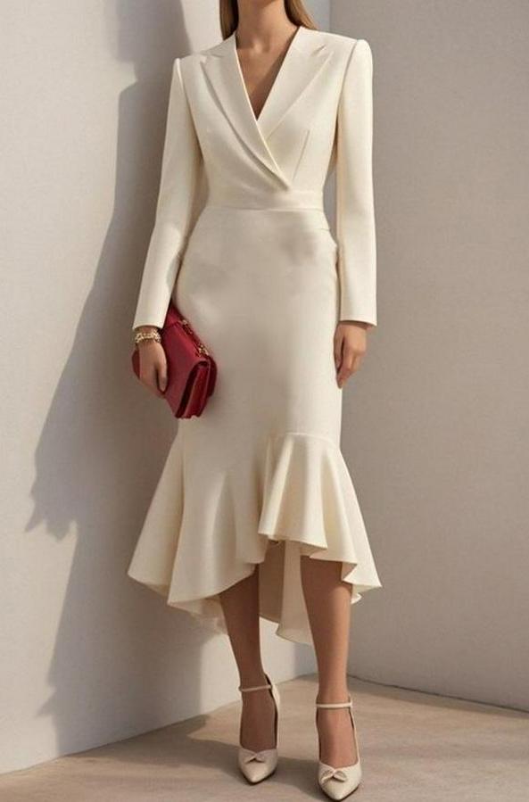 Uzun Kollu Yakalı Belden Oturtmalı Midi Ithal Krep Elbise