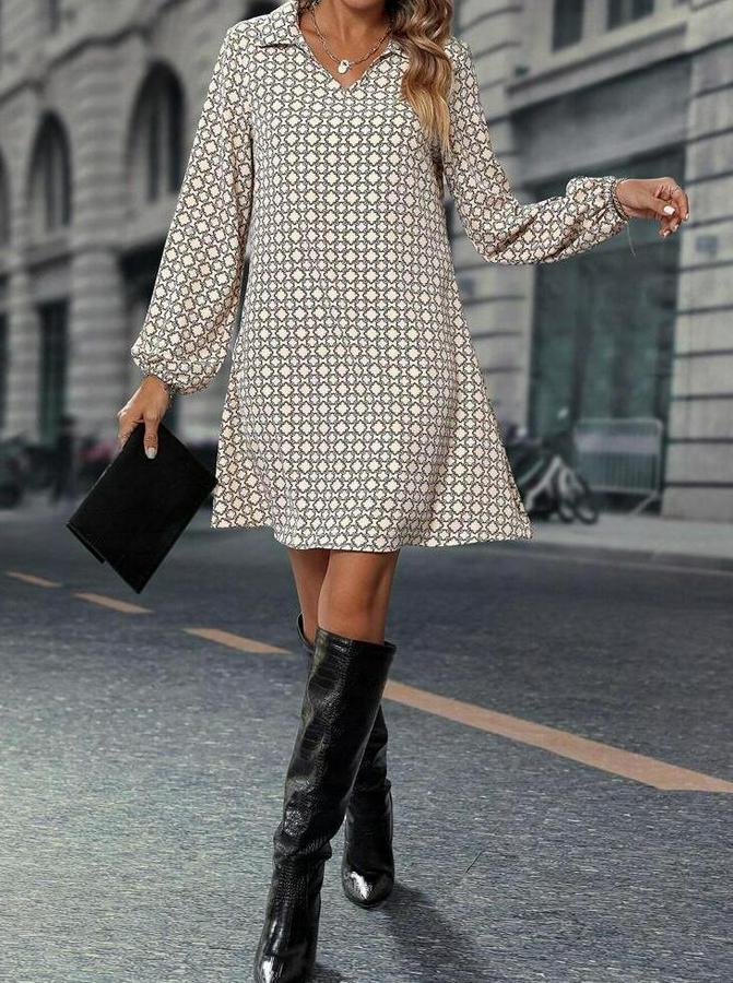 Uzun Kollu Yakalı Desenli Mini Modal Elbise