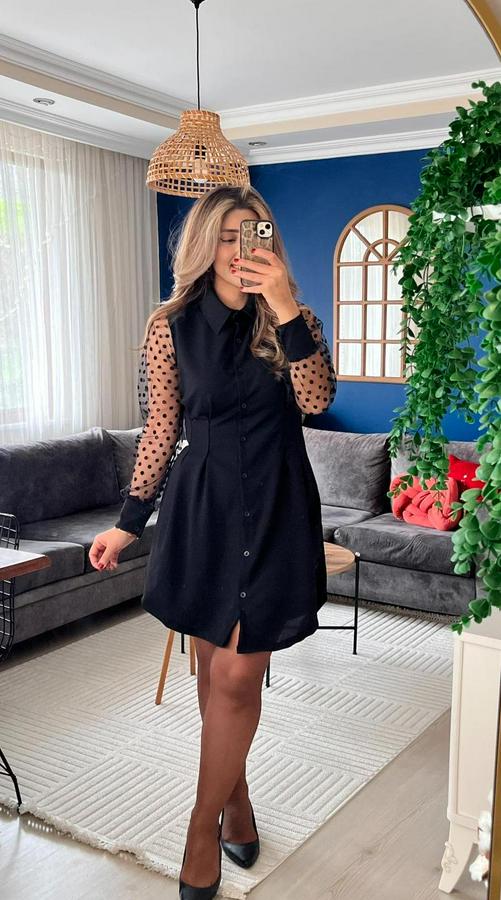 Uzun Kollu Yakalı Düğmeli Mini Ithal Krep Elbise