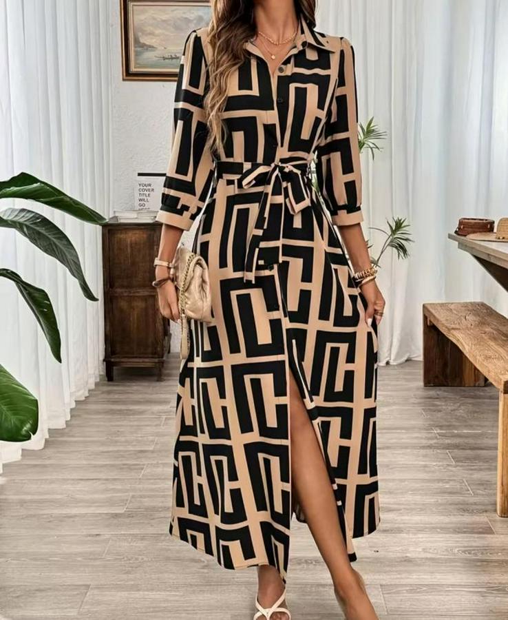 Uzun Kollu Yakalı Önden Düğmeli Uzun Süprem Elbise