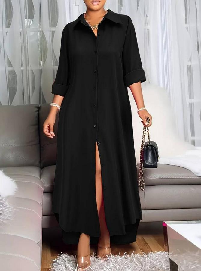 Uzun Kollu Yakalı Önden Düğmeli Uzun Dokuma Elbise