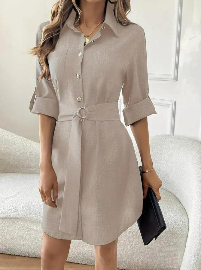 Uzun Kollu Yakalı Önden Düğmeli Beli Kuşaklı Mini Ithal Keten Elbise