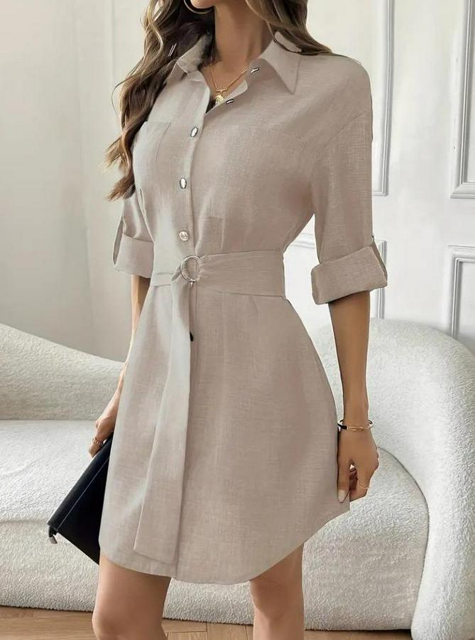Uzun Kollu Yakalı Önden Düğmeli Beli Kuşaklı Mini Ithal Keten Elbise