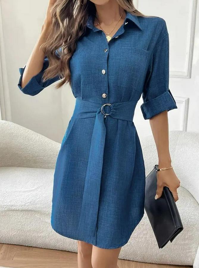 Uzun Kollu Yakalı Önden Düğmeli Beli Kuşaklı Mini Ithal Keten Elbise