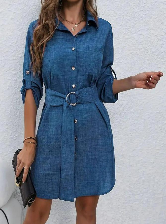 Uzun Kollu Yakalı Önden Düğmeli Beli Kuşaklı Mini Ithal Keten Elbise