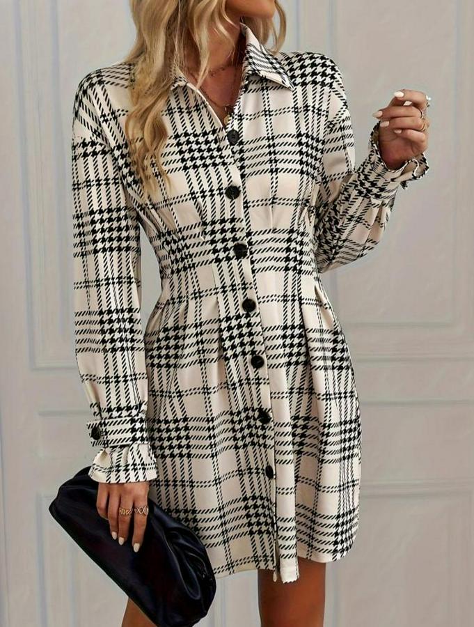 Uzun Kollu Yakalı Önü Düğmeli Mini Modal Elbise