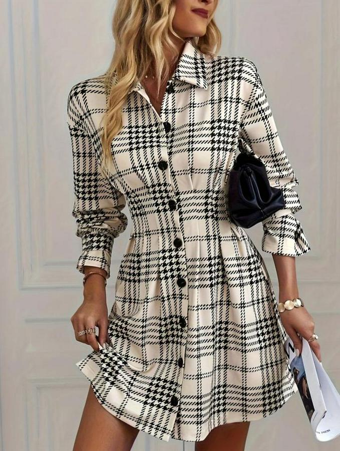 Uzun Kollu Yakalı Önü Düğmeli Mini Modal Elbise