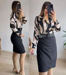 Uzun Kollu Yakalı Üst Dalgıç Eteği Krep Kemerli Elbise