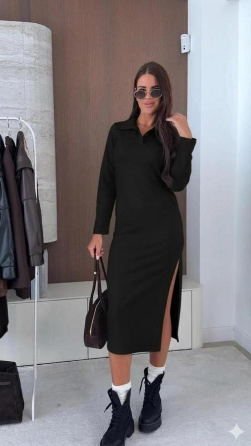 Uzun Kollu Yakalı Yandan Yırtmaçlı Midi Modal Elbise