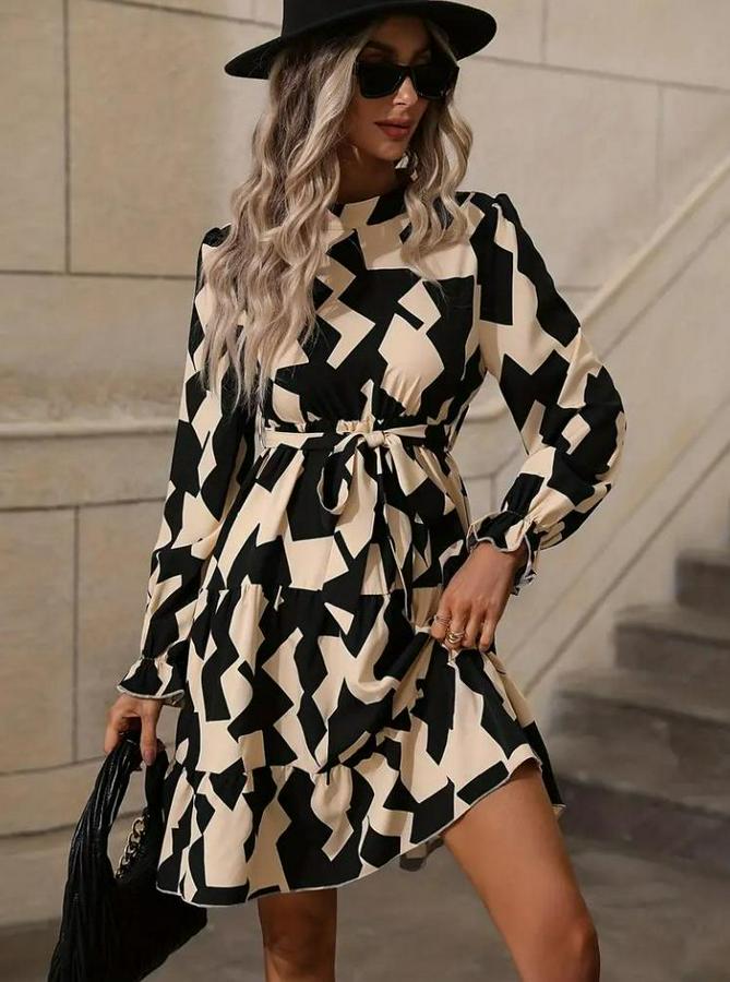 Uzun Kollu Yarı Balıkçı Yaka Geometrik Desen Kısa Şardonlu Dalgıç Elbise