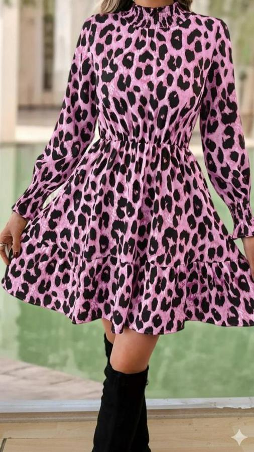 Uzun Kollu Yarı Balıkçı Yaka Leopar Desenli Modal Mini Elbise