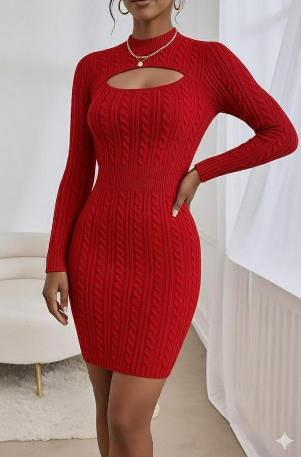 Uzun Kollu Yarı Balıkçı Yaka Pencere Göğüs Detay Mini Triko Elbise