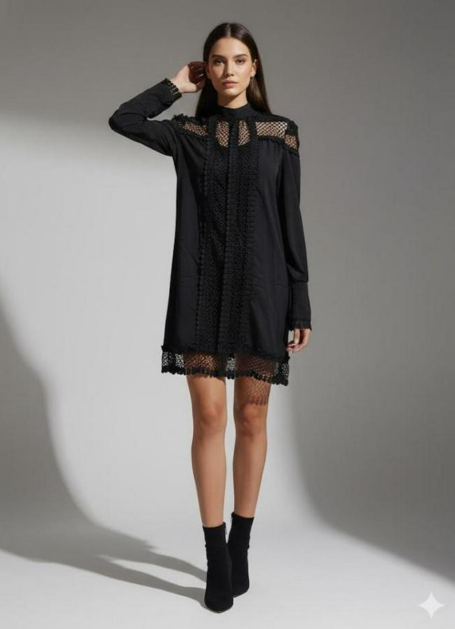 Uzun Kollu Yarım Balıkçı Yaka Transparan Detaylı Mini Elbise