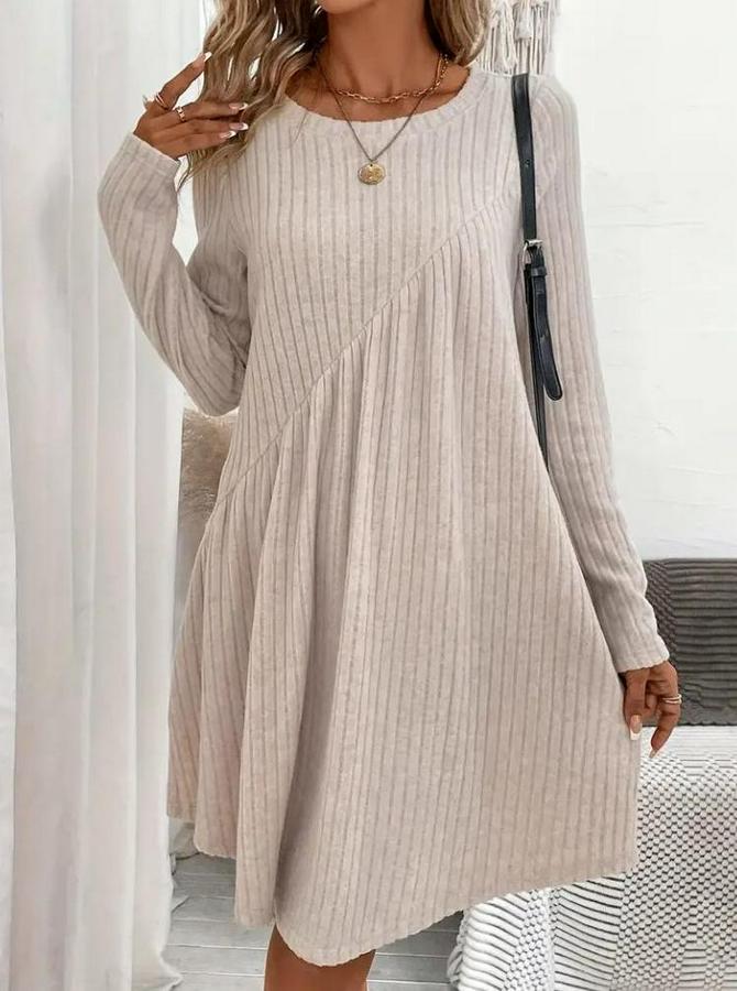 Uzun Kollu Yuvarlak Yaka Asimetrik Detaylı Kiloş Şardonlu Kaşkorse Elbise