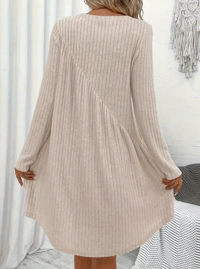 Uzun Kollu Yuvarlak Yaka Asimetrik Detaylı Kiloş Şardonlu Kaşkorse Elbise