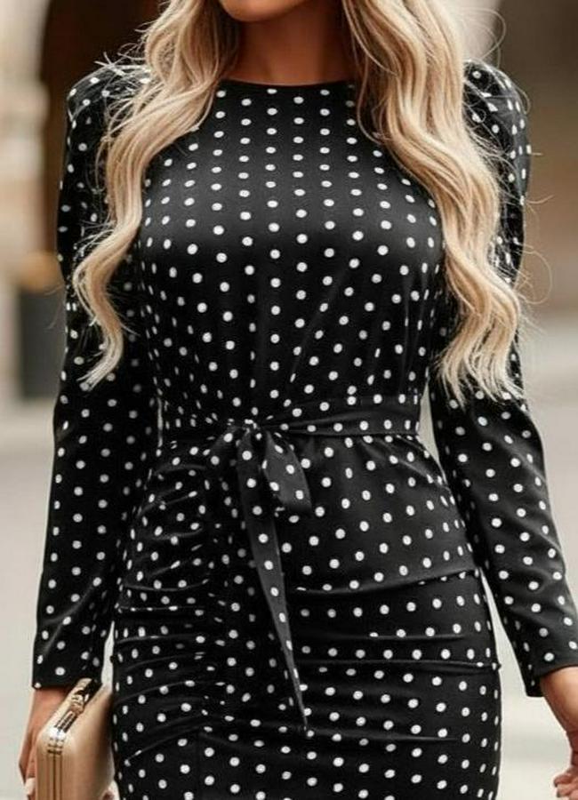 Uzun Kollu Yuvarlak Yaka Belden Kuşaklı Önden Yırtmaçlı Örme Krep Elbise