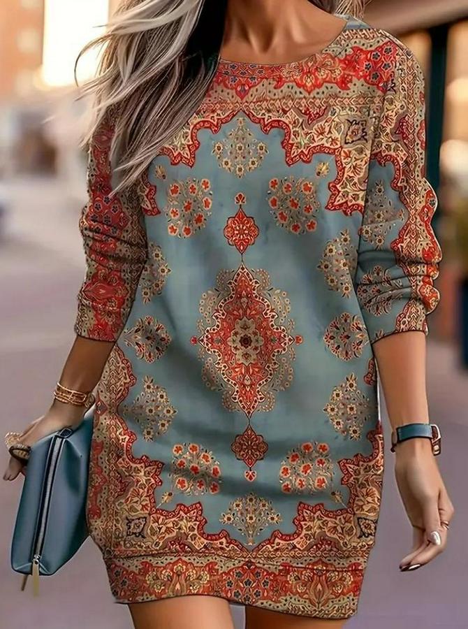 Uzun Kollu Yuvarlak Yaka Desenli Mini Modal Elbise