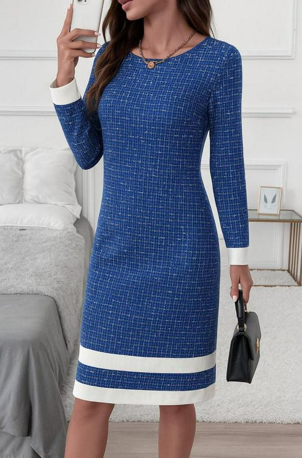 Uzun Kollu Yuvarlak Yaka Etek Ucu Şerit Detaylı Mini Dokuma Elbise