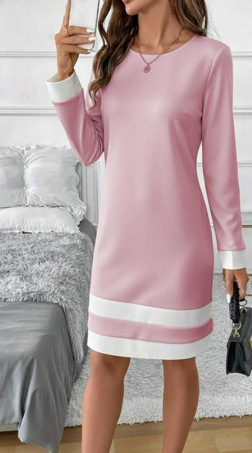 Uzun Kollu Yuvarlak Yaka Etek Ucu Şerit Detaylı Mini Dalgıç Elbise