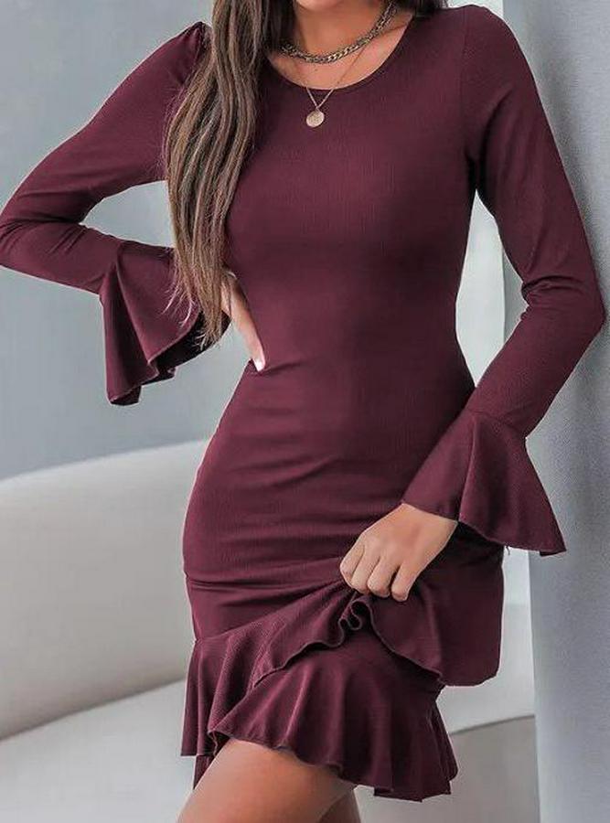Uzun Kollu Yuvarlak Yaka Fırfırlı Kol Ucu Volanlı Janjan Krep Mini Elbise