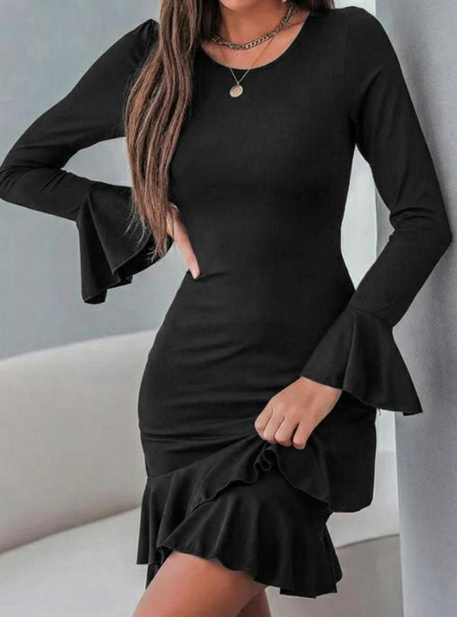 Uzun Kollu Yuvarlak Yaka Fırfırlı Kol Ucu Volanlı Janjan Krep Mini Elbise