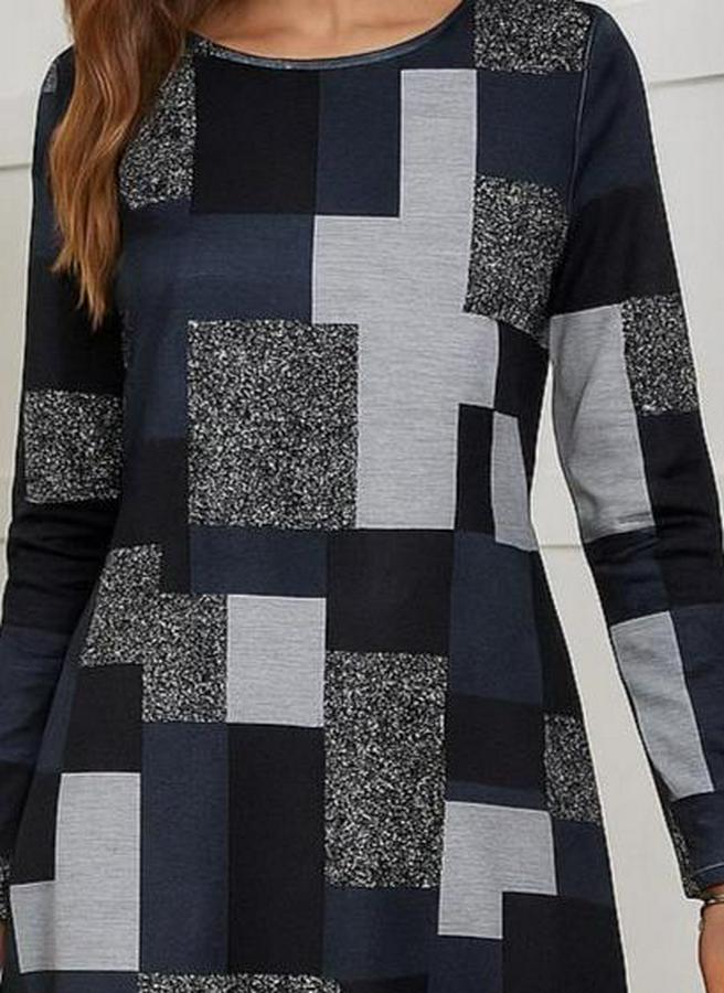 Uzun Kollu Yuvarlak Yaka Geometrik Süprem Elbise