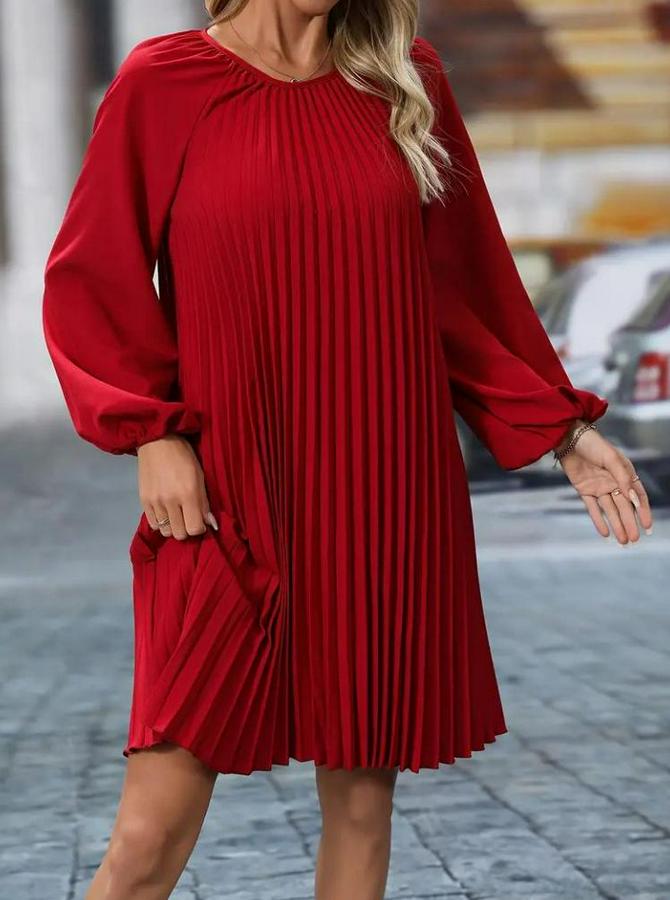 Uzun Kollu Yuvarlak Yaka Pileli Salaş Mini Ithal Krep Elbise