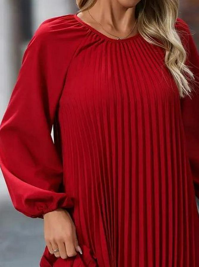 Uzun Kollu Yuvarlak Yaka Pileli Salaş Mini Ithal Krep Elbise