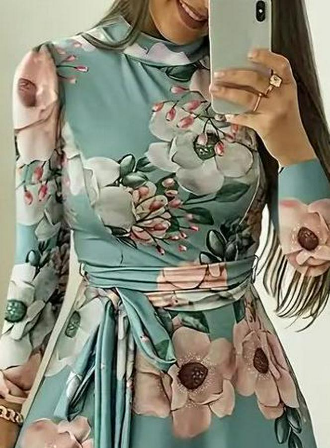 Uzun Kollu Yuvarlak Yakalı Beli Kuşaklı Desenli Süprem Uzun Elbise