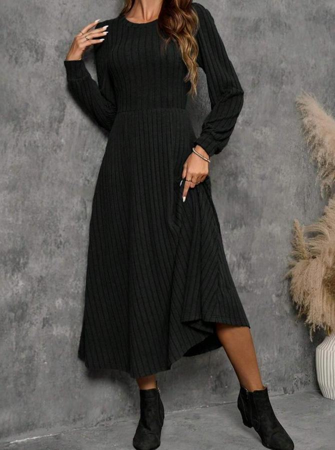 Uzun Kollu Yuvarlak Yakalı Kiloş Uzun Şardonlu Kaşkorse Elbise