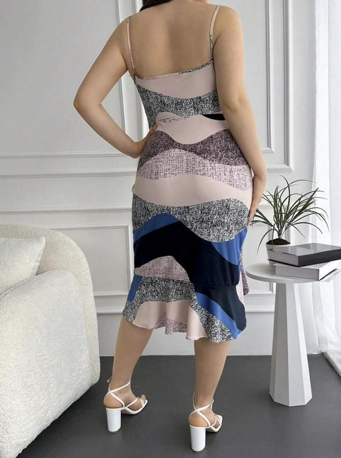 V Yaka Askılı Eteği Volanlı Yırtmaç Detay Desenli Dalgıç Büyük Beden Elbise