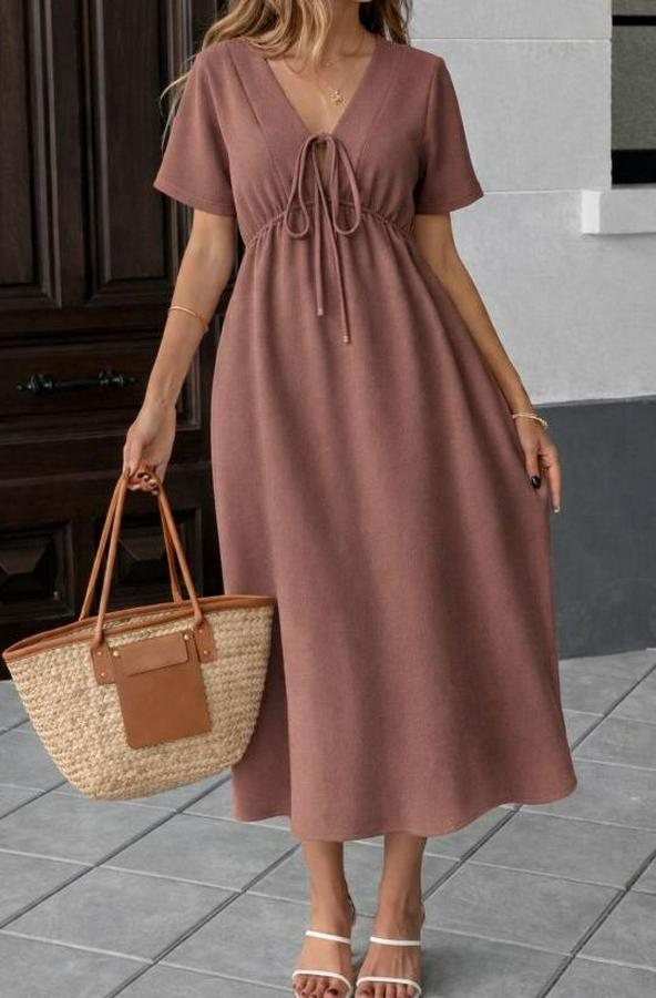 V Yaka Büzgülü Ip Detay Aerobin Kumaş Elbise