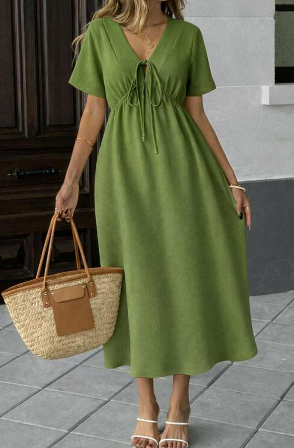 V Yaka Büzgülü Ip Detay Aerobin Kumaş Elbise