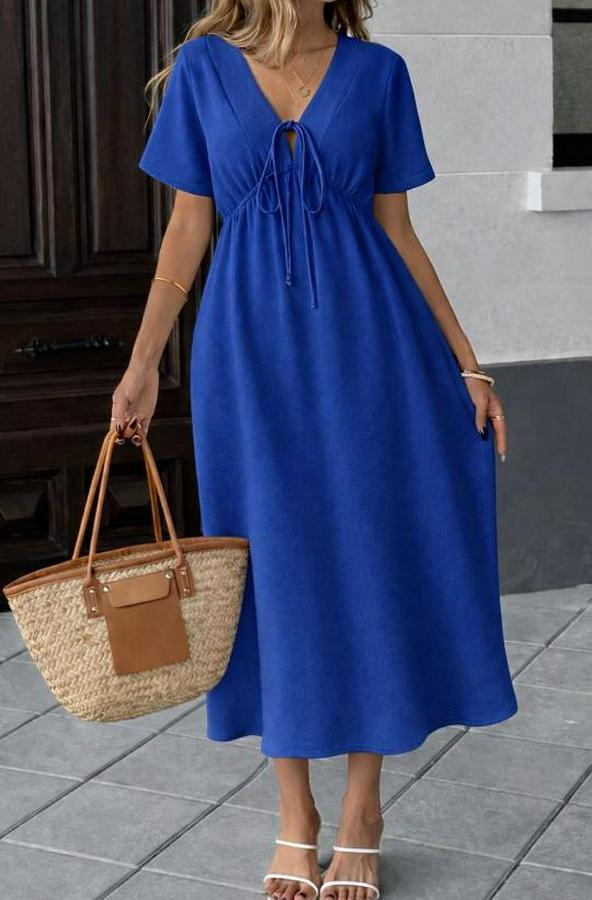 V Yaka Büzgülü Ip Detay Aerobin Kumaş Elbise