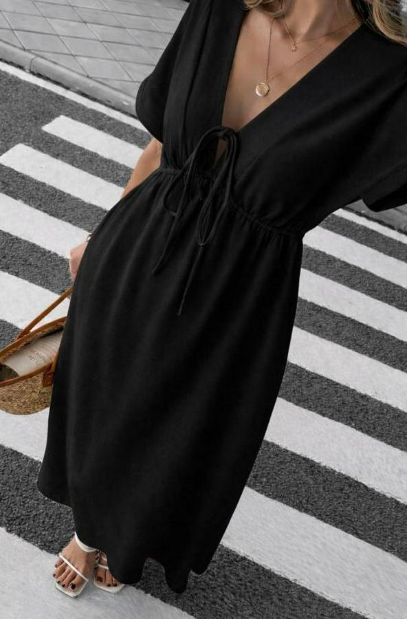 V Yaka Büzgülü Ip Detay Aerobin Kumaş Elbise