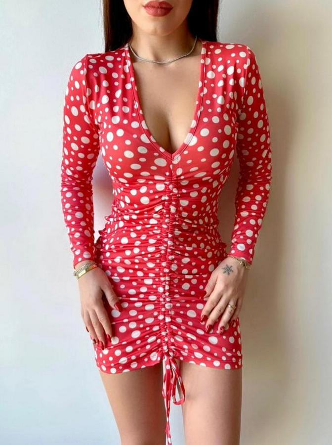 V Yaka Önü Asansör Büzgü Detay Fırsat Ürün Puantiyeli Mini Elbise