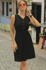 V Yakalı Önden Düğme Detay Beli Lastikli Keten Kısa Elbise