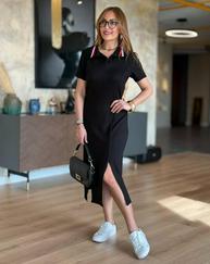 Yaka Ribanalı Çift Yırtmaçlı Elbise