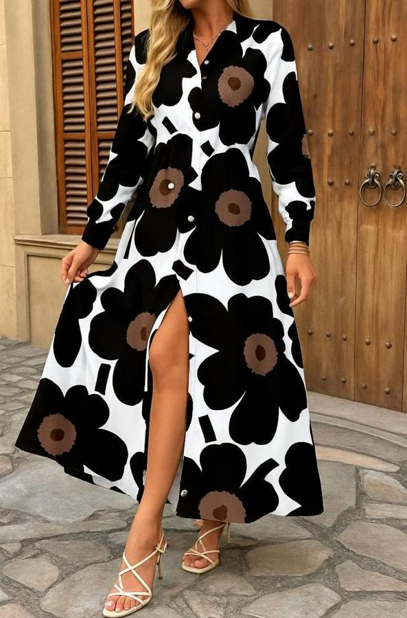 Yakalı Önden Düğmeli Çiçek Desenli Uzun Süprem Elbise