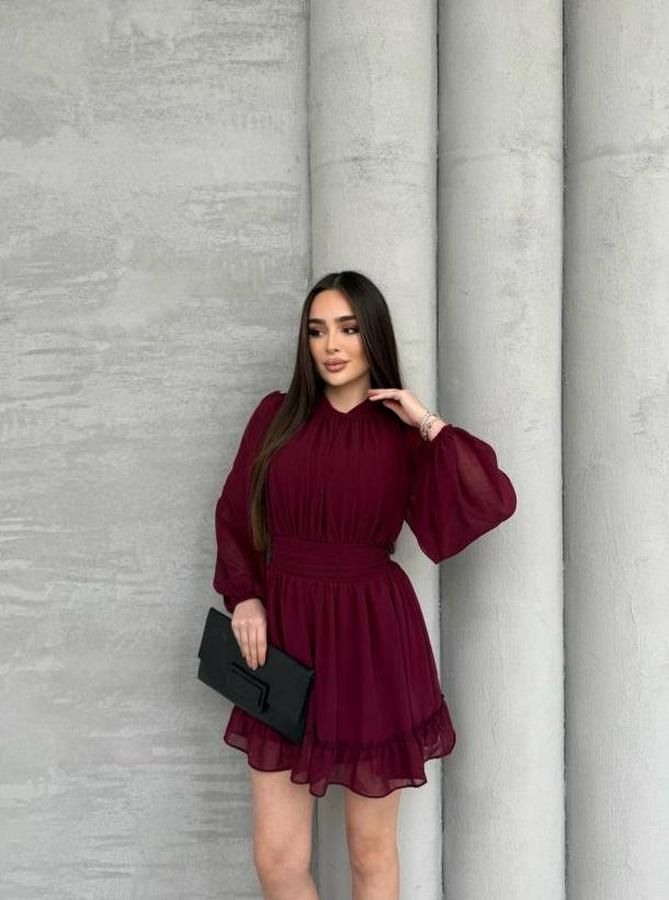 Yarım Balıkçı Yaka Kolları Transparan Astarlı Full Şifon Elbise