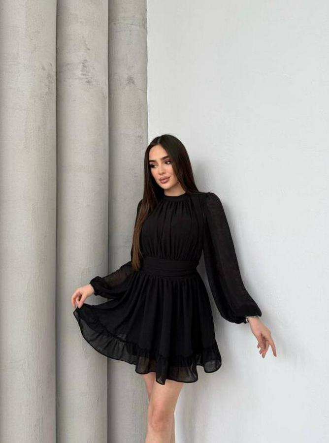 Yarım Balıkçı Yaka Kolları Transparan Astarlı Full Şifon Elbise