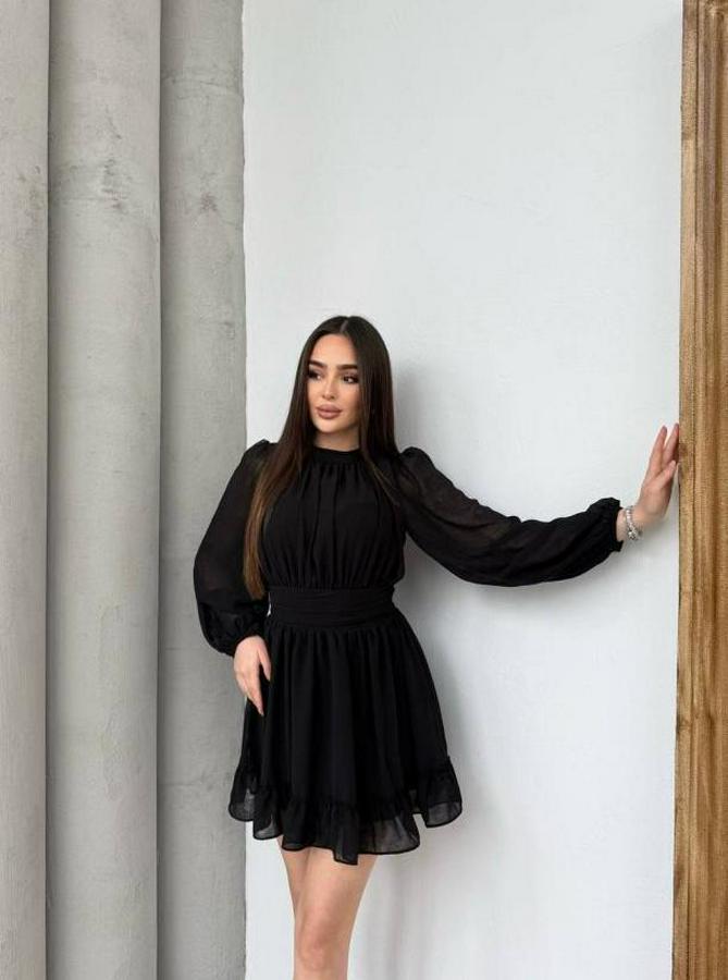 Yarım Balıkçı Yaka Kolları Transparan Astarlı Full Şifon Elbise