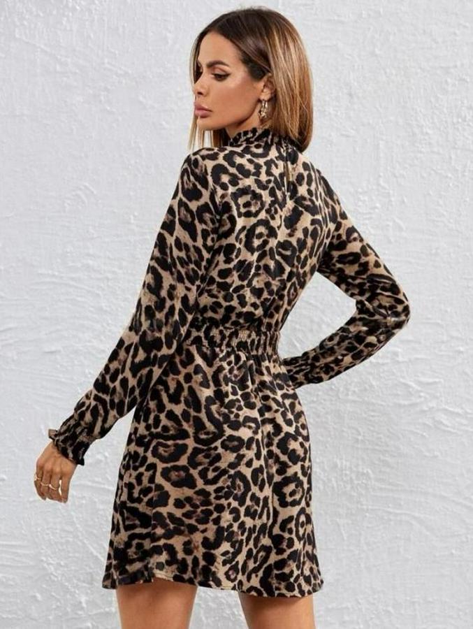 Yarım Balıkçı Yaka Uzun Kollu Leopar Desen Mini Elbise