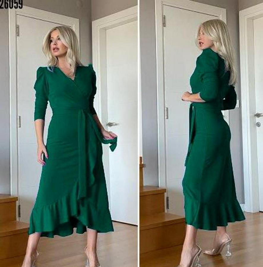 Yeşil Krep Kumaş Midi Boy Kuşaklı Uzunkol Elbise