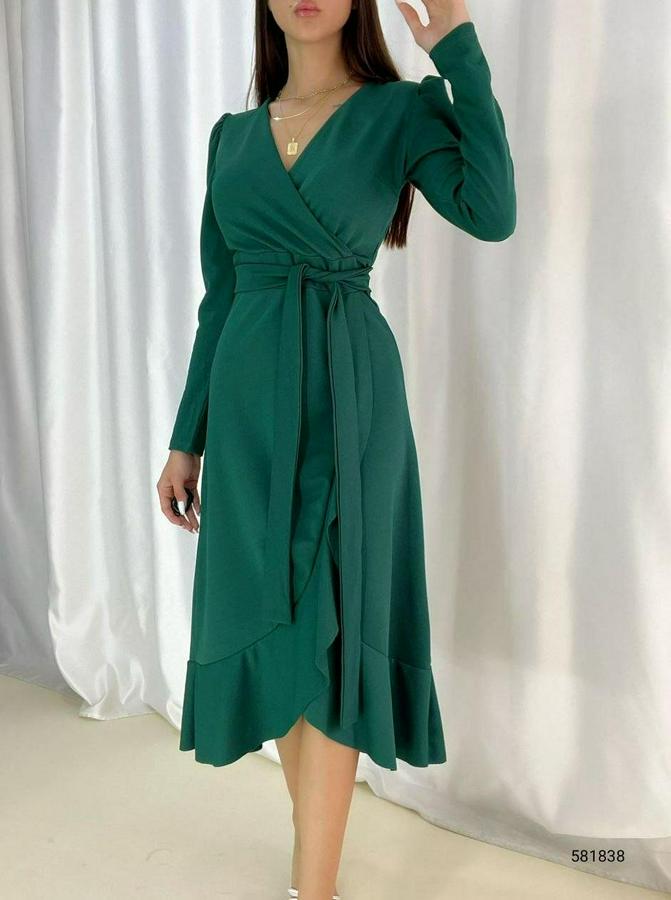 Yeşil Krep Kumaş Midi Boy Kuşaklı Uzunkol Elbise