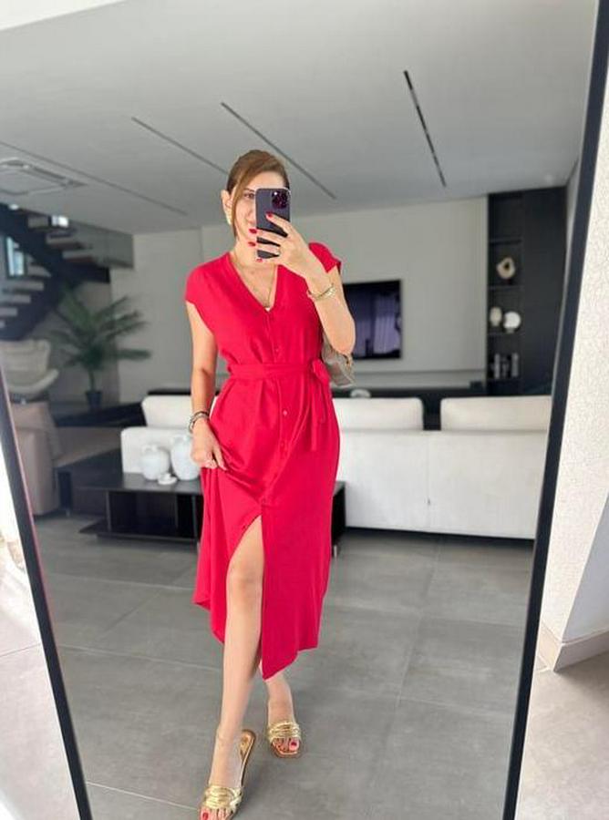 Kadınn V Yaka Düğme Detay Kuşak Dahil Elbise